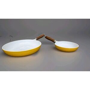 Vintage Finesse Yellow Enamel Skillet Frying Pan Set 10" & 6" Wood Handles MCM
